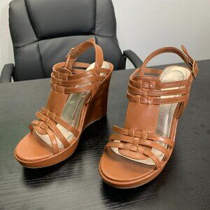 Bonnibel Brown Faux Leather Wedge Heel Sandal Size 6 1/2